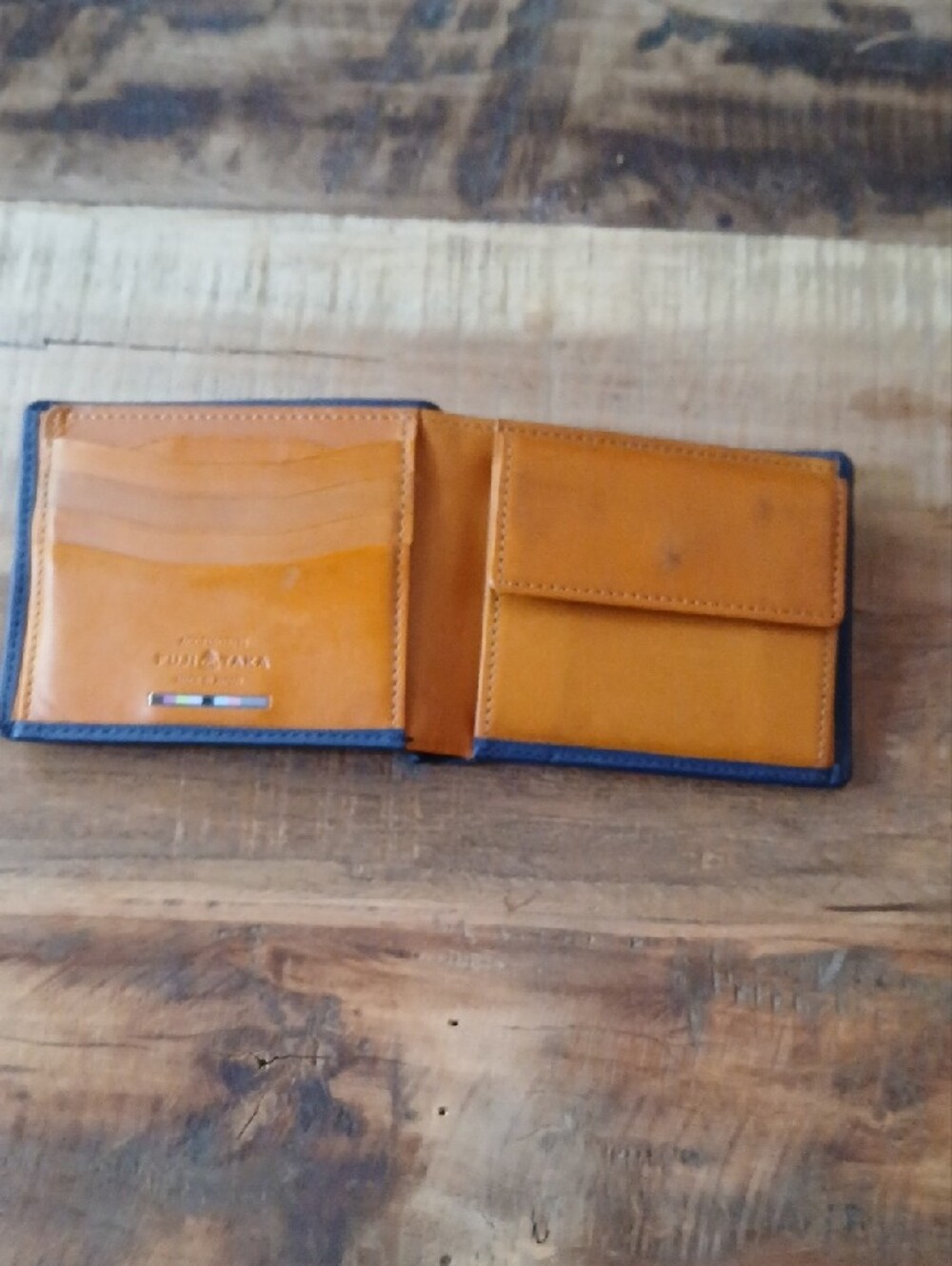 FUJITAKA Blue & Cognac Leather Accessory MULTI-Card Wallet W/ Coinpocket - Picture 5 of 9